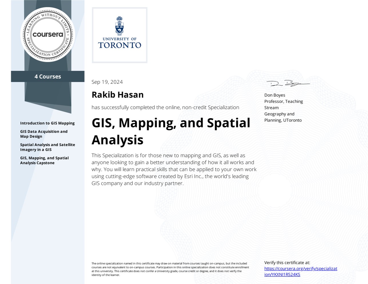 GIS, Mapping, and Spatial Analysis certificate