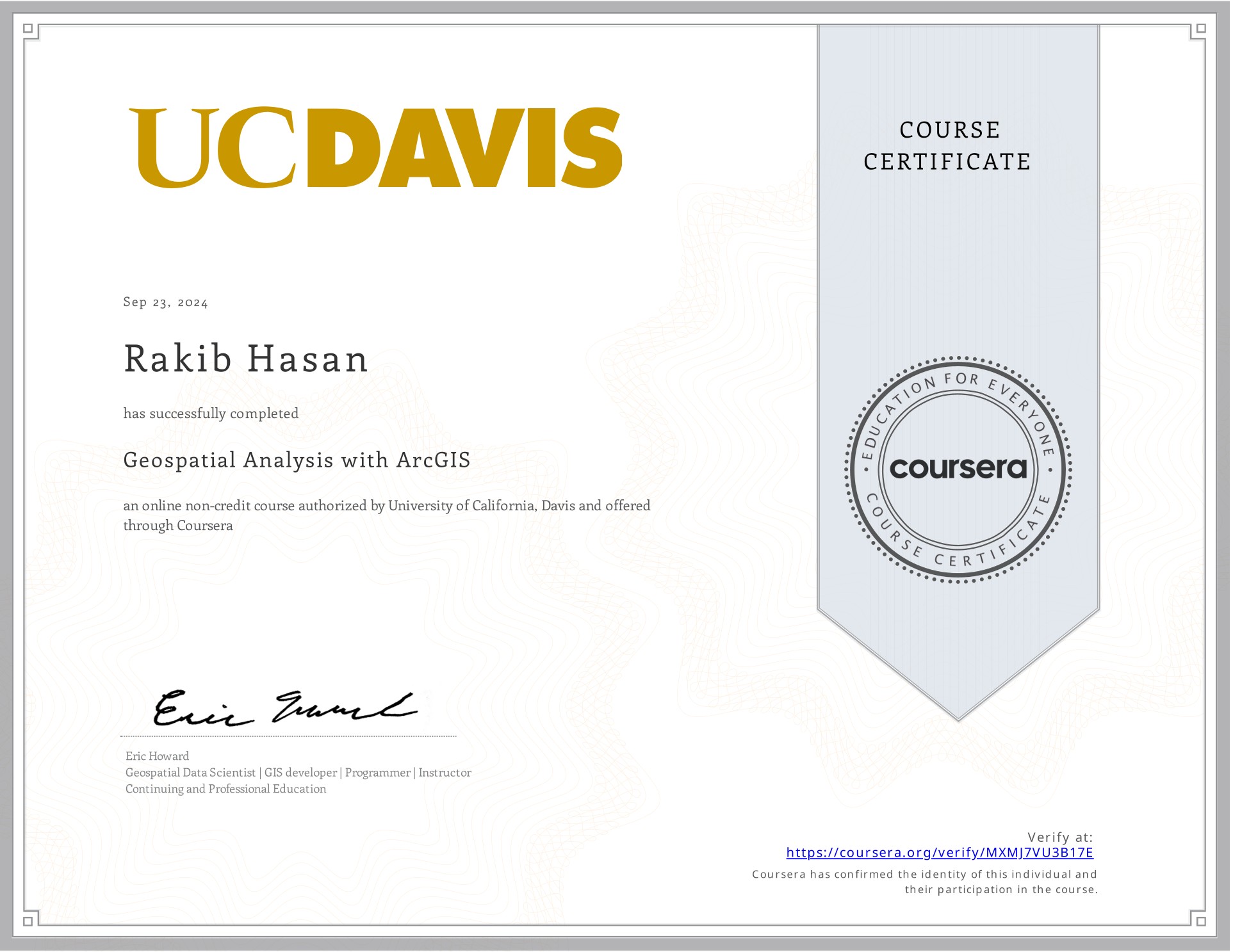 Geospatial Analysis with ArcGIS certificate