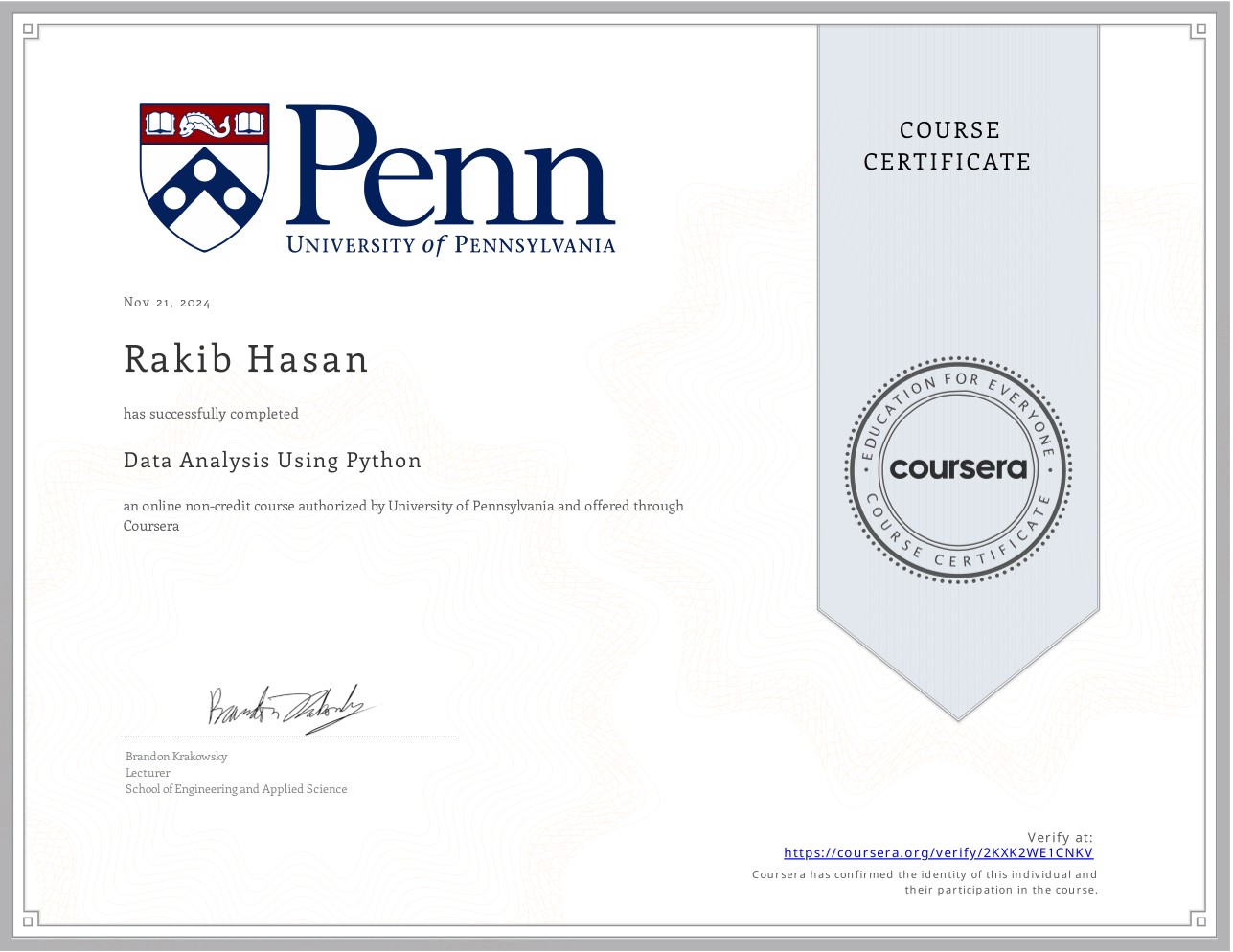 Data Analysis Using Python certificate