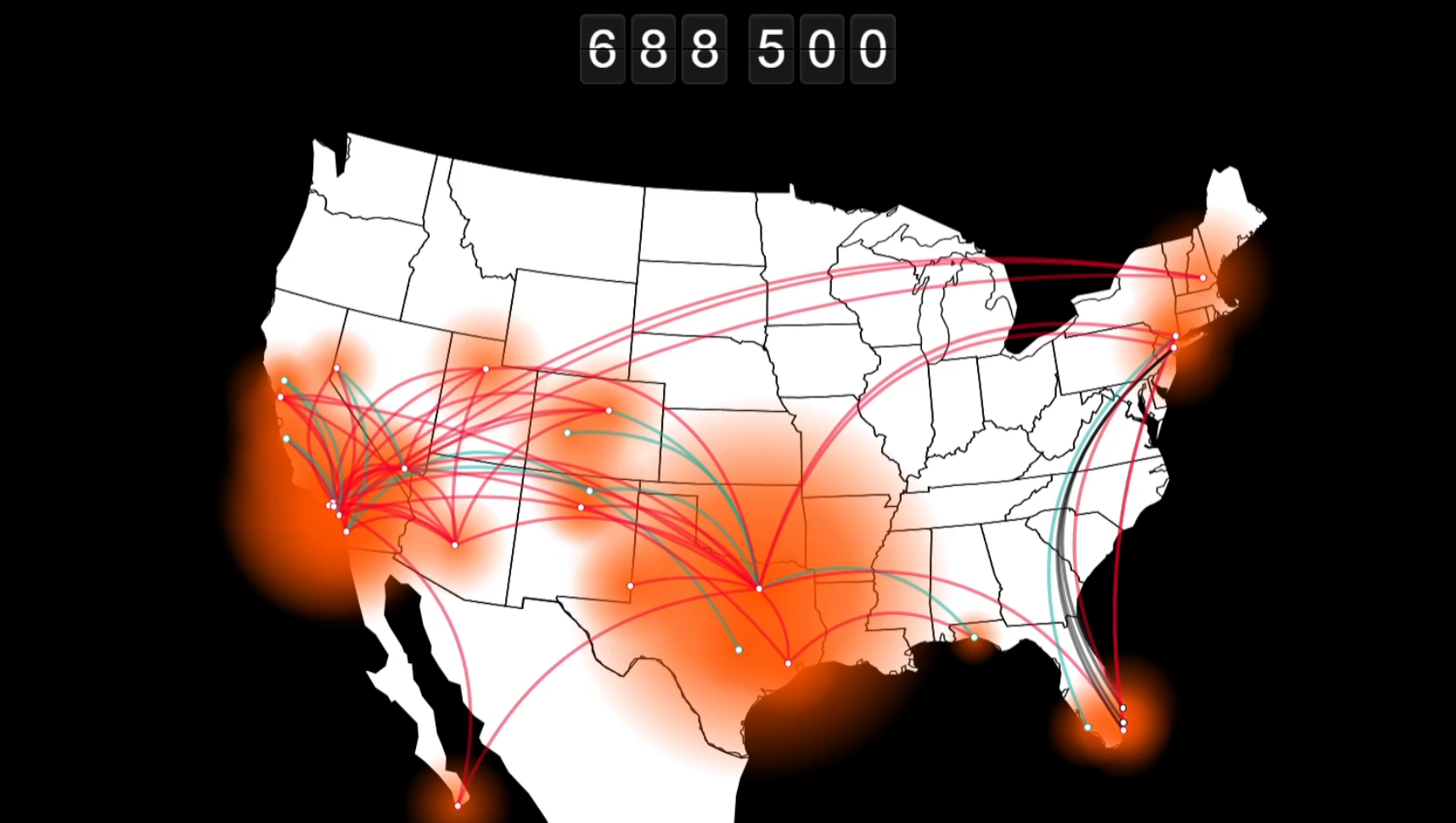 Origin–Destination Flow Map with intensity (heat) layers